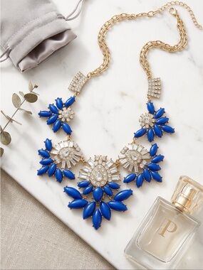 Runway Cobalt Blue Bib Statement Necklace WITH Rhinestones EUC